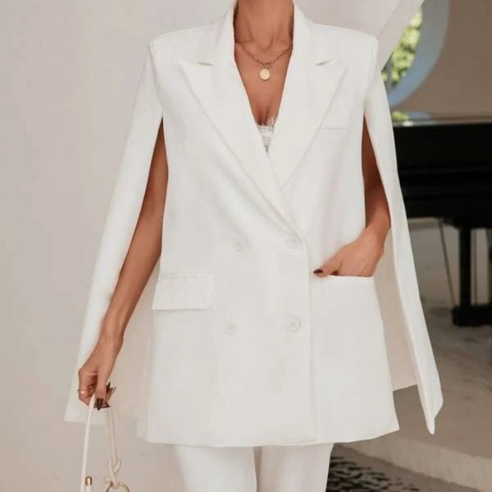 White Modern Cape Cloak Sleeved Double Breasted Blazer work chic classy - Picture 2 of 6